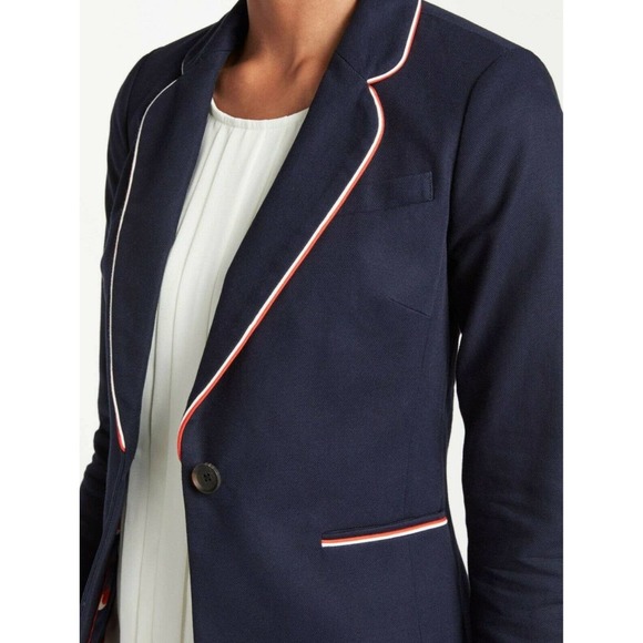 Boden Navy Blue Red Contrast Lilah Single Breasted Cotton Blazer Jacket Size 6 - Picture 1 of 8